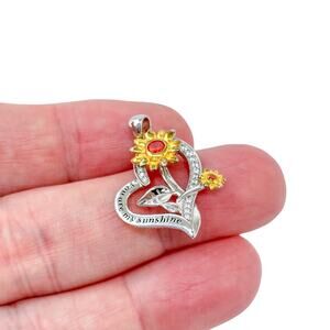 Vintage Sterling Silver 925 | Orange Cubic Zirconia | Quote Sunflower Pendant